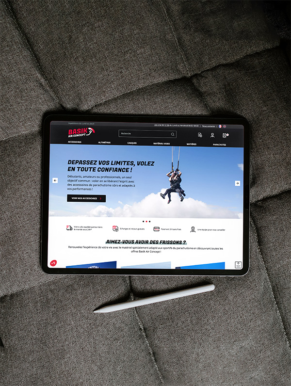 homepage du site basic air concept sur une tablette