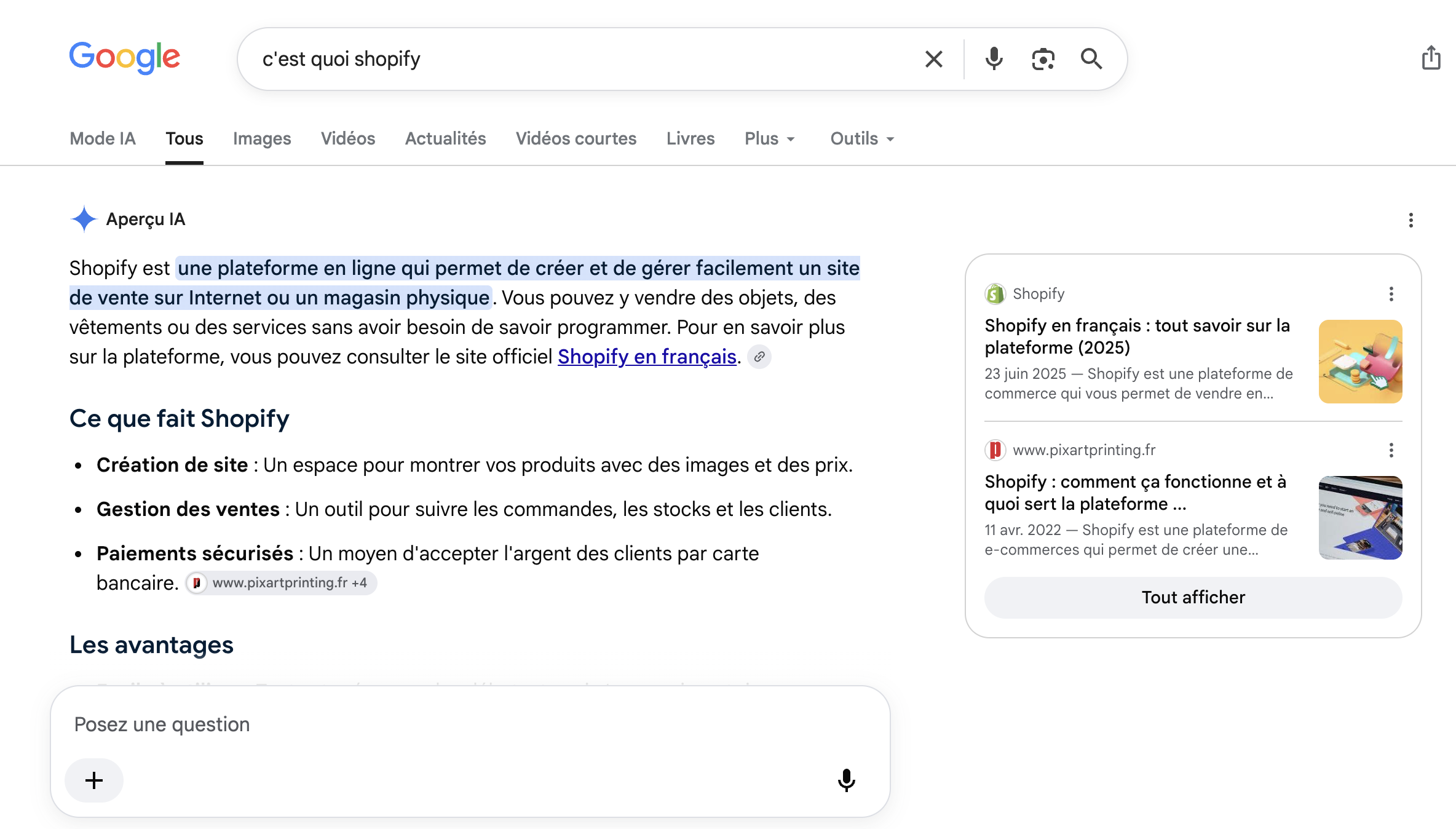 Exemple d'un AI Overview affiché sur Google en France sur une requête e-commerce