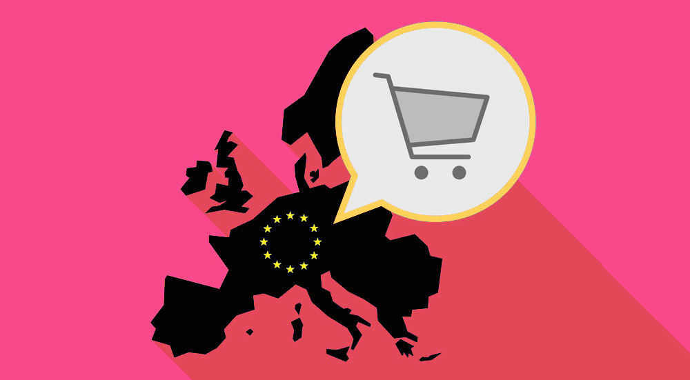Long shadow EU map with a shopping cart
